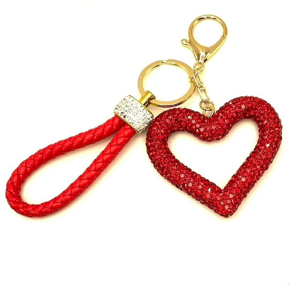 Large Gold Red Sparkly Bling Heart Keychain Backpack Bottle Bag Charm Glamour